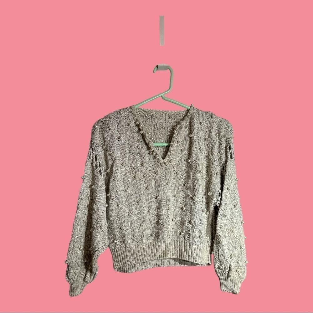 Pearl Embellished Crop Top Pullover Sweater V Neck Long Sleeve Size M
